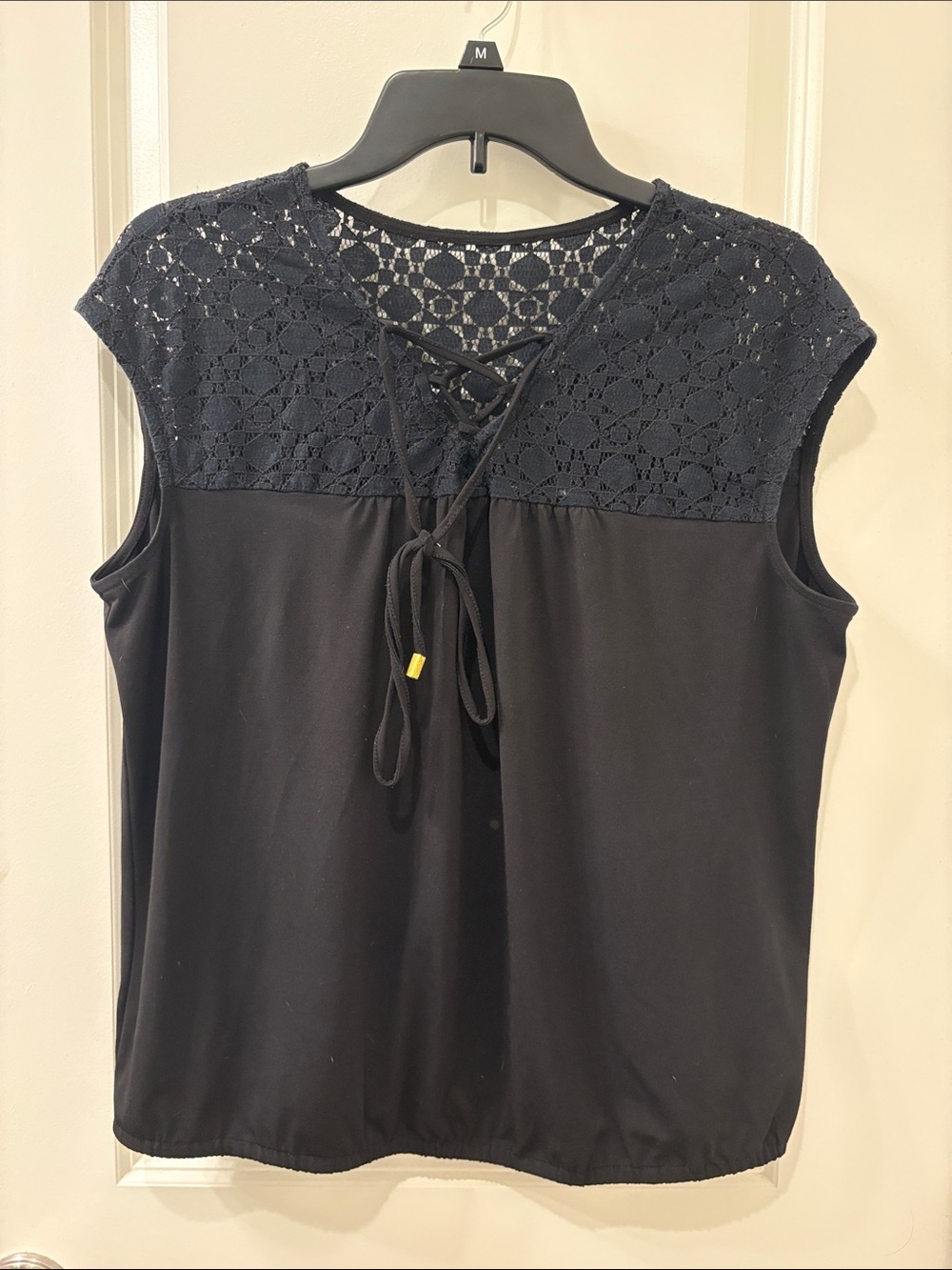 New York & Company Black Lace Yoke Tie-Front Short Sleeve Top